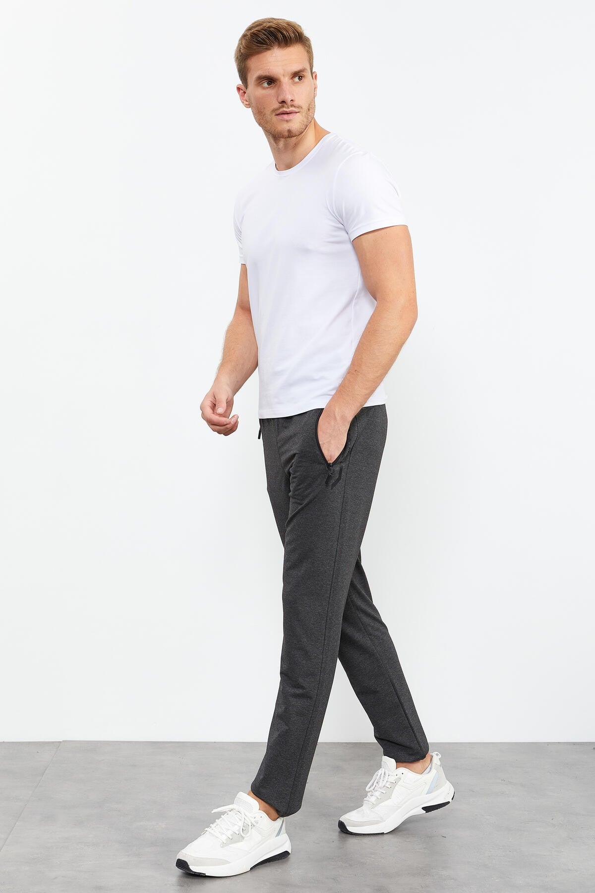 Anthracite Melange Zippered Detailed Standard Fit Classic Hem Men's Tracksuit Bottom - 84744