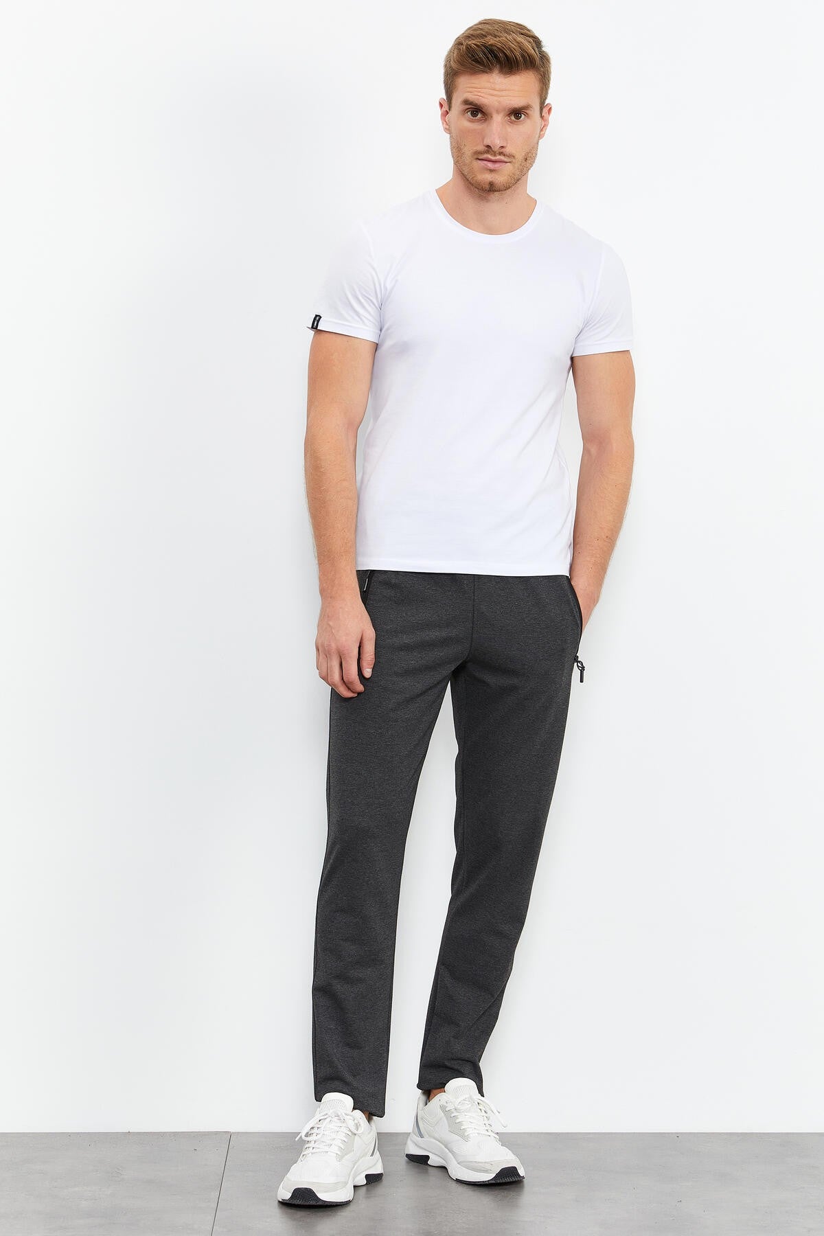 Anthracite Melange Zippered Detailed Standard Fit Classic Hem Men's Tracksuit Bottom - 84744