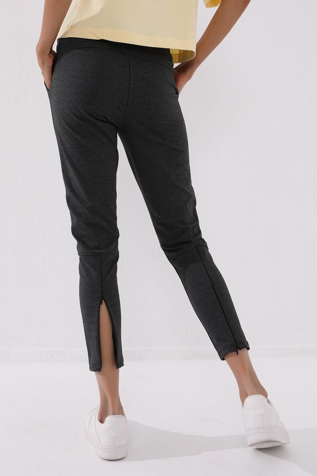 Anthracite Melange Zippered Cuffed Pocket Comfort Fit Women's Tracksuit Bottom - 94246