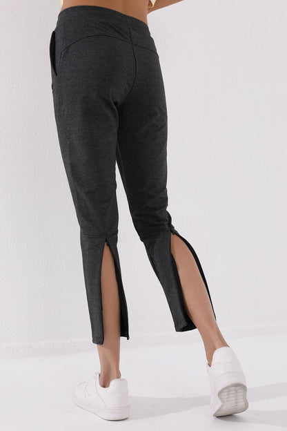 Anthracite Melange Zippered Cuffed Pocket Comfort Fit Women's Tracksuit Bottom - 94246