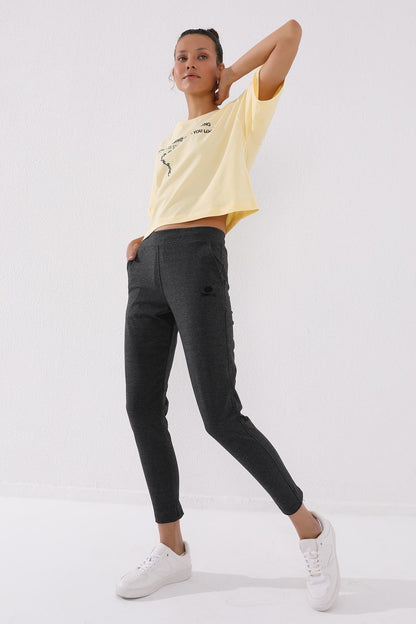 Anthracite Melange Zippered Cuffed Pocket Comfort Fit Women's Tracksuit Bottom - 94246