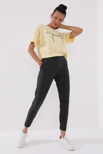 Anthracite Melange Zippered Cuffed Pocket Comfort Fit Women's Tracksuit Bottom - 94246