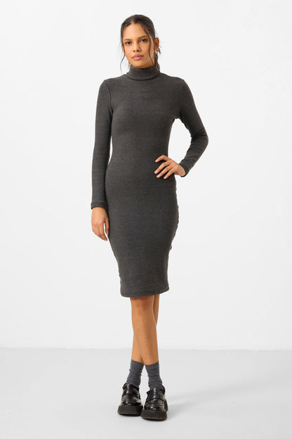 Anthracite Melange Cashmere Knitted Tight Fit Sailor Collar Women's Dress - 97117