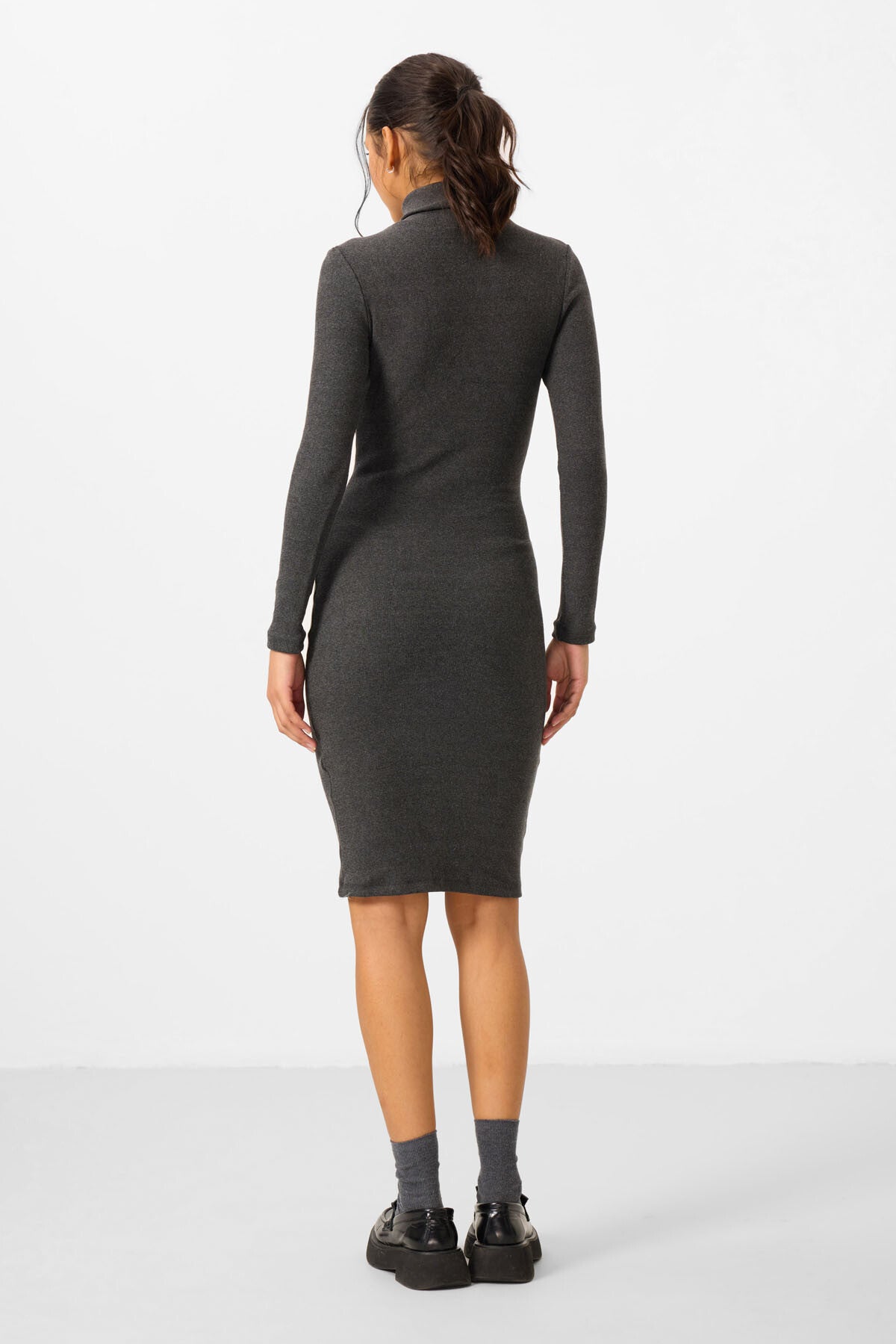 Anthracite Melange Cashmere Knitted Tight Fit Sailor Collar Women's Dress - 97117
