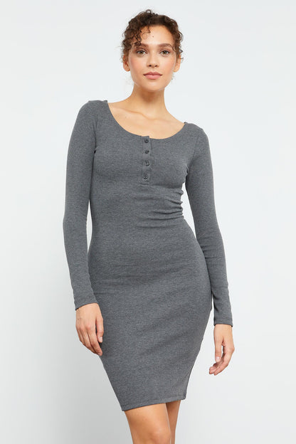 Anthracite Melange Cashmere Knitted Fitted Padded Collar Women's Dress - 97116