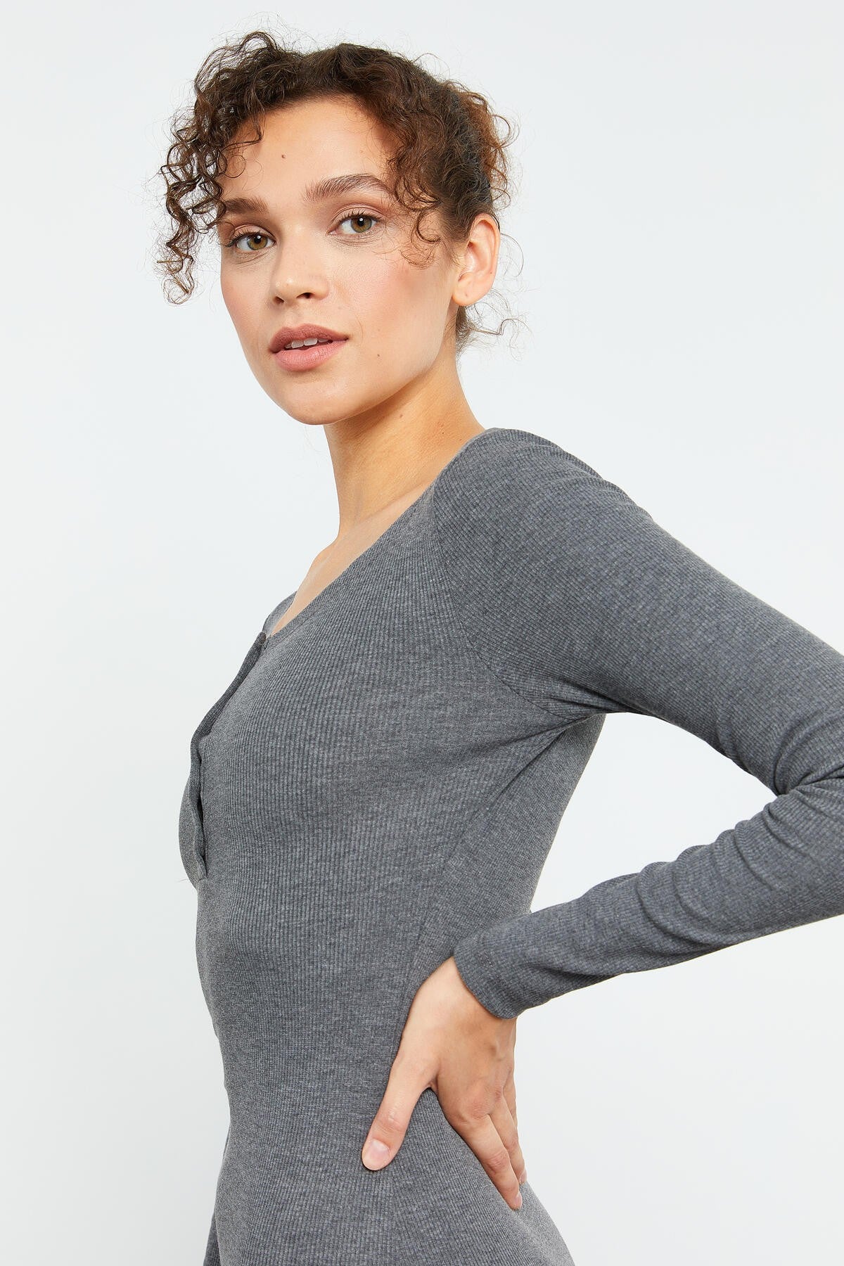 Anthracite Melange Cashmere Knitted Fitted Padded Collar Women's Dress - 97116