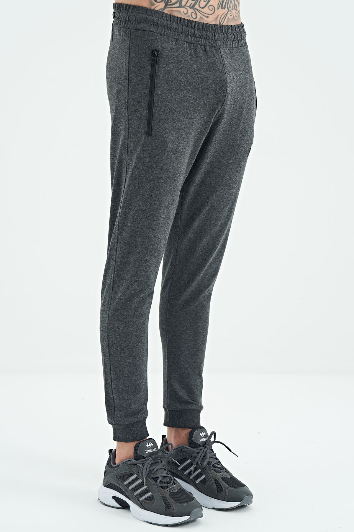 Black Anthracite Melange Drawstring Jogger Men's Tracksuit Bottom - 84907