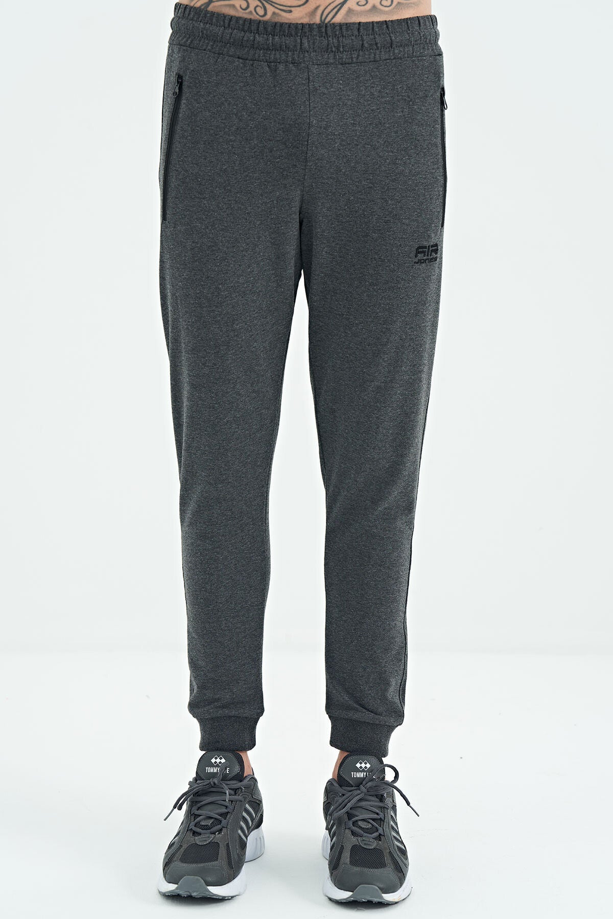 Black Anthracite Melange Drawstring Jogger Men's Tracksuit Bottom - 84907