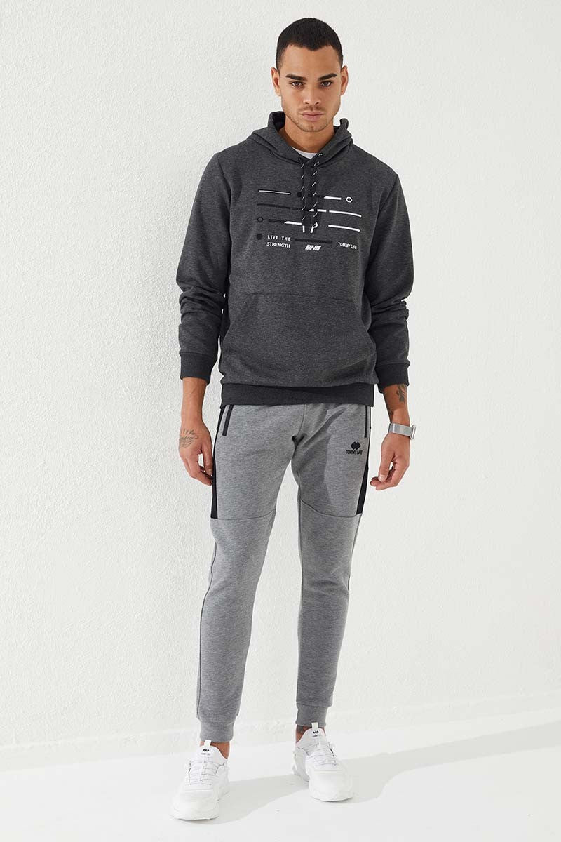Anthracite Melange Strip Embroidered Standard Fit Hooded Men's Sweatshirt - 87885