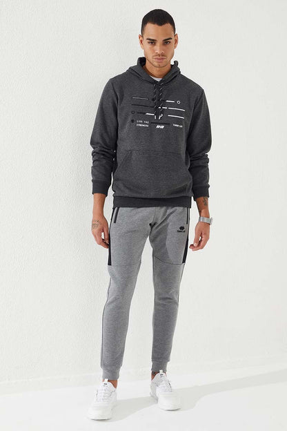 Anthracite Melange Strip Embroidered Standard Fit Hooded Men's Sweatshirt - 87885