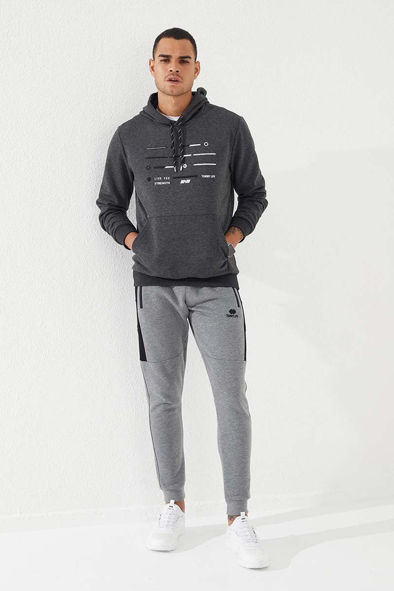 Anthracite Melange Strip Embroidered Standard Fit Hooded Men's Sweatshirt - 87885