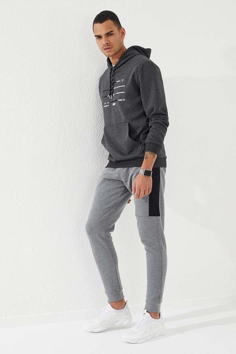 Anthracite Melange Strip Embroidered Standard Fit Hooded Men's Sweatshirt - 87885