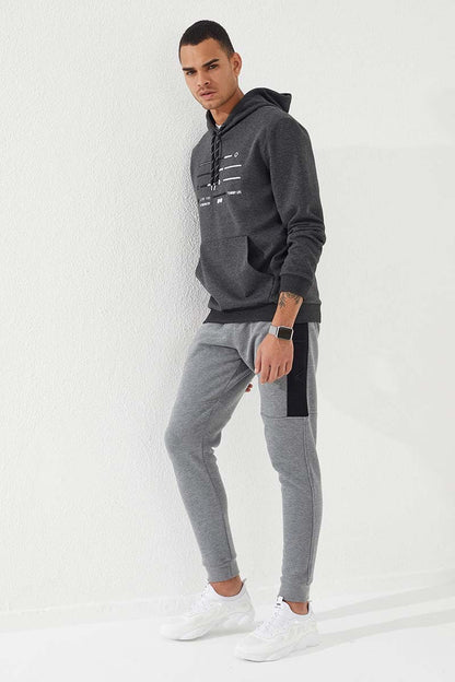 Anthracite Melange Strip Embroidered Standard Fit Hooded Men's Sweatshirt - 87885