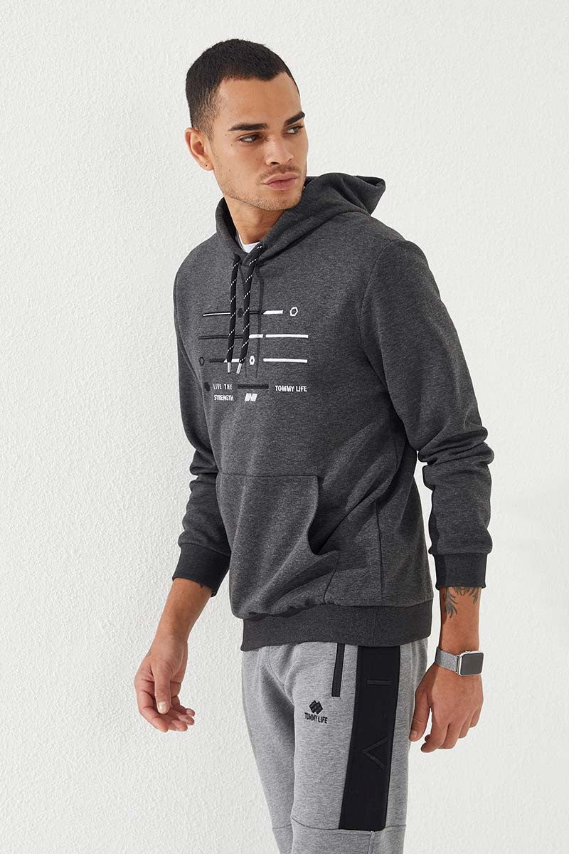 Anthracite Melange Strip Embroidered Standard Fit Hooded Men's Sweatshirt - 87885