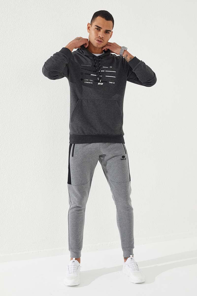 Anthracite Melange Strip Embroidered Standard Fit Hooded Men's Sweatshirt - 87885
