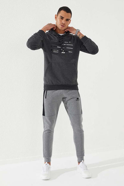 Anthracite Melange Strip Embroidered Standard Fit Hooded Men's Sweatshirt - 87885