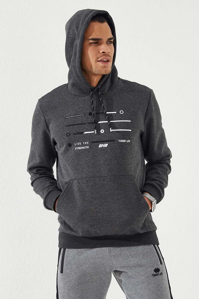 Anthracite Melange Strip Embroidered Standard Fit Hooded Men's Sweatshirt - 87885