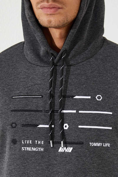 Anthracite Melange Strip Embroidered Standard Fit Hooded Men's Sweatshirt - 87885