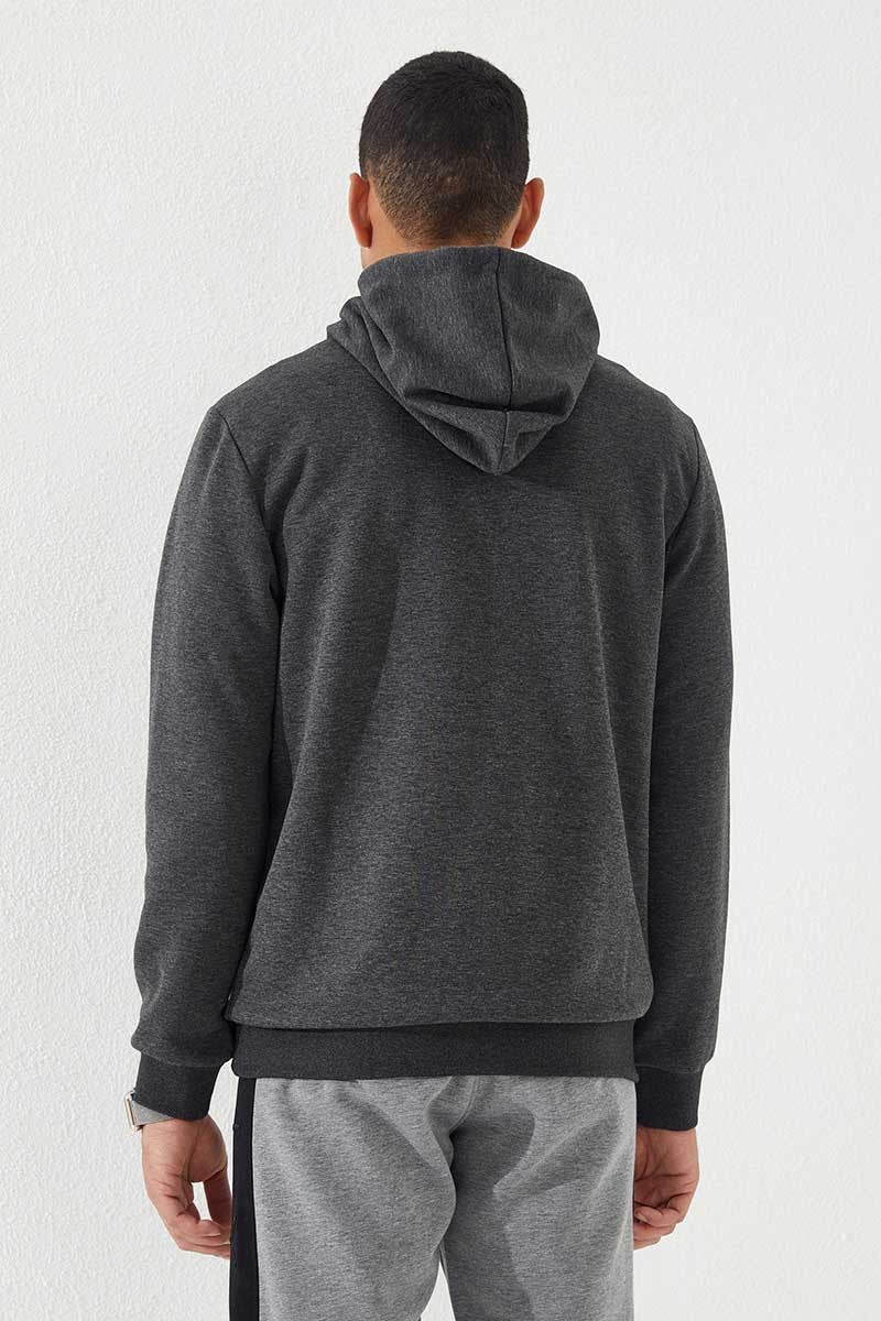 Anthracite Melange Strip Embroidered Standard Fit Hooded Men's Sweatshirt - 87885