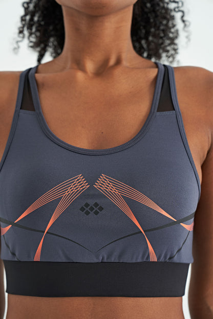 Anthracite Front Back Print Detailed U Collar Slim Fit Women's Sports Bustier - 97252