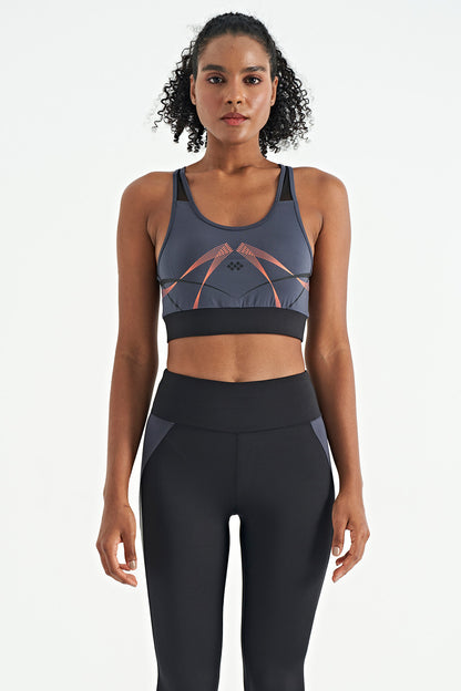 Anthracite Front Back Print Detailed U Collar Slim Fit Women's Sports Bustier - 97252