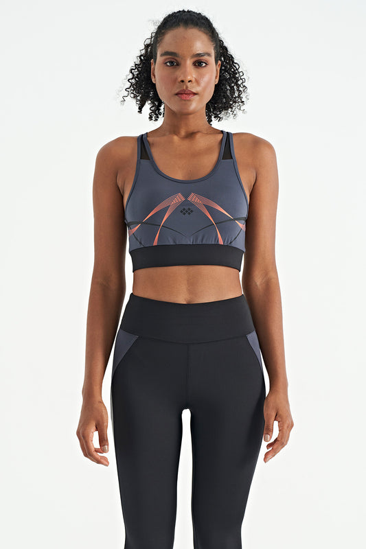Anthracite Front Back Print Detailed U Collar Slim Fit Women's Sports Bustier - 97252