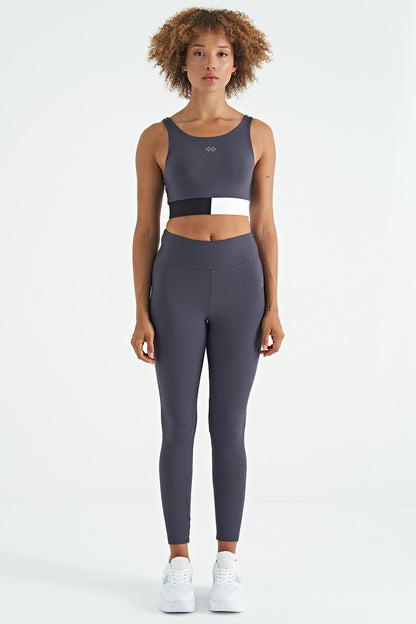 Anthracite Color Block Logo Print Narrow Cut Striped Women's Bustier - 97275