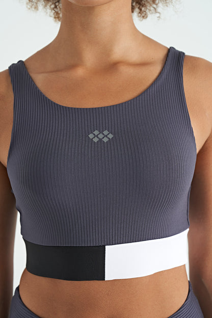 Anthracite Color Block Logo Print Narrow Cut Striped Women's Bustier - 97275