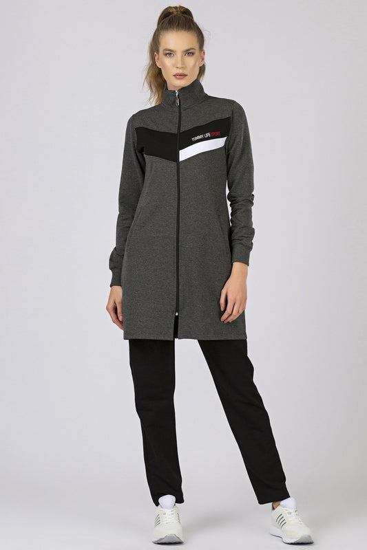 Anthracite - Black High Neck Zippered Standard Fit Classic Hem Women's Tracksuit Tunic Set - 95206