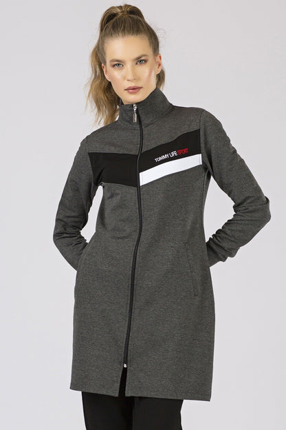 Anthracite - Black High Neck Zippered Standard Fit Classic Hem Women's Tracksuit Tunic Set - 95206