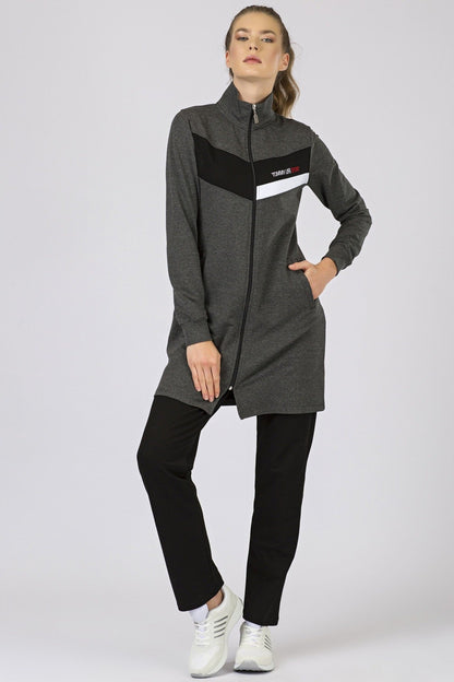 Anthracite - Black High Neck Zippered Standard Fit Classic Hem Women's Tracksuit Tunic Set - 95206