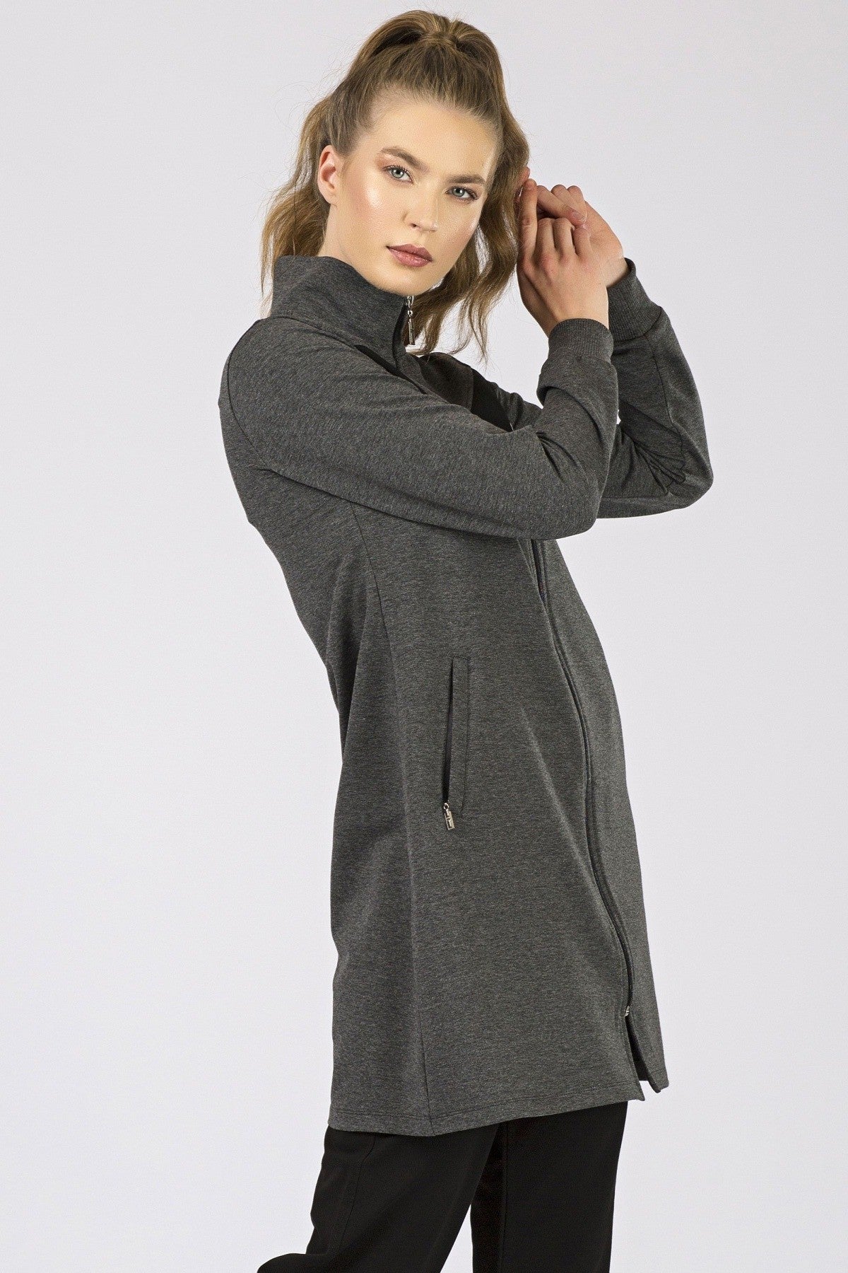 Anthracite - Black High Neck Zippered Standard Fit Classic Hem Women's Tracksuit Tunic Set - 95206