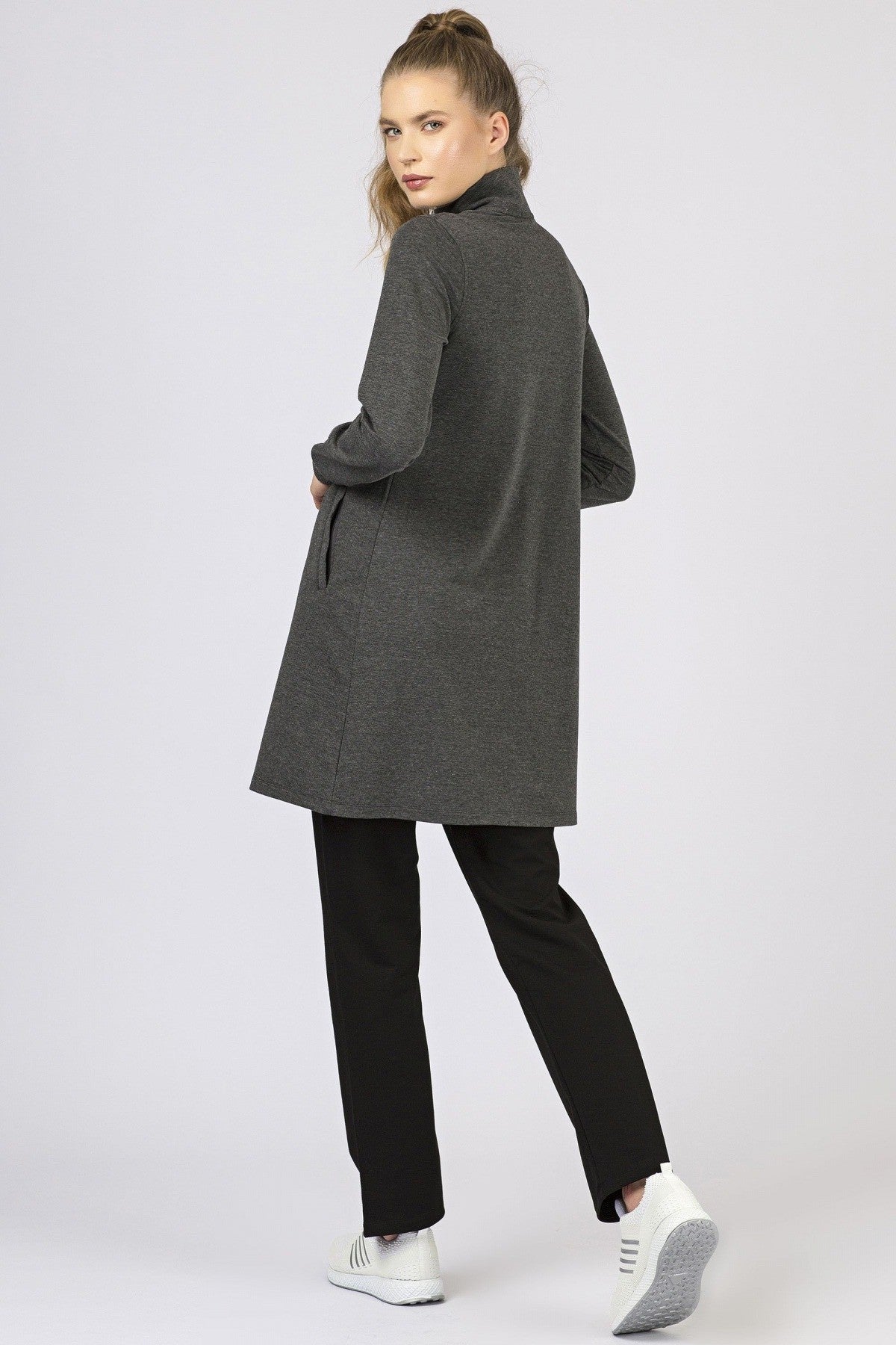 Anthracite - Black High Neck Zippered Standard Fit Classic Hem Women's Tracksuit Tunic Set - 95206