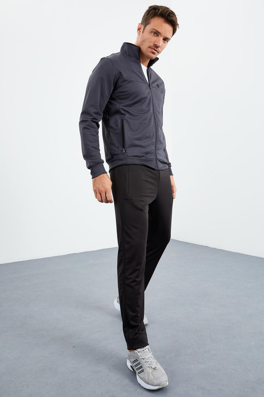 Anthracite - Black High Collar Zippered Standard Fit Classic Cuff Men's Tracksuit Set - 85162
