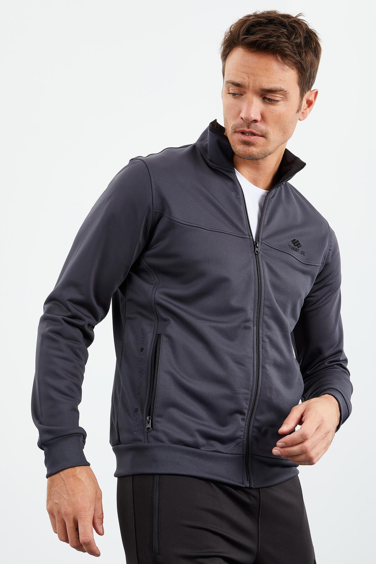 Anthracite - Black High Collar Zippered Standard Fit Classic Cuff Men's Tracksuit Set - 85162