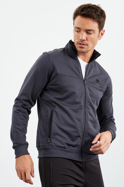 Anthracite - Black High Collar Zippered Standard Fit Classic Cuff Men's Tracksuit Set - 85162