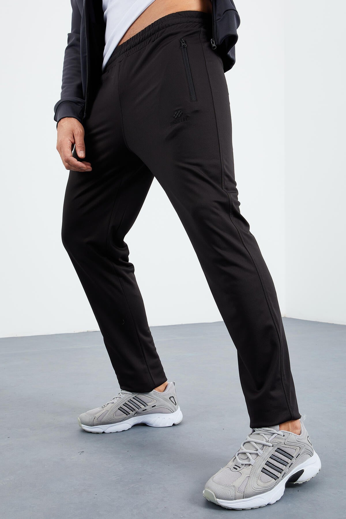 Anthracite - Black High Collar Zippered Standard Fit Classic Cuff Men's Tracksuit Set - 85162