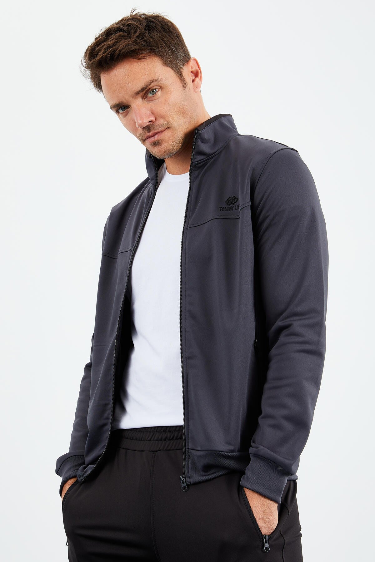 Anthracite - Black High Collar Zippered Standard Fit Classic Cuff Men's Tracksuit Set - 85162