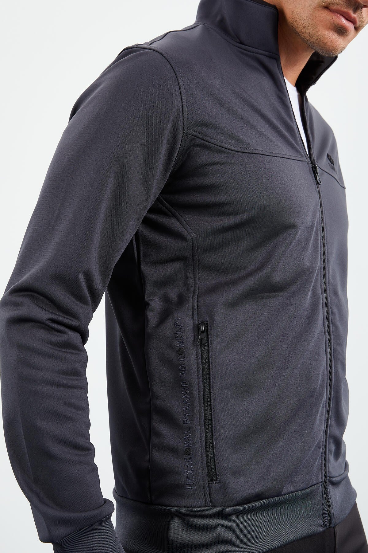 Anthracite - Black High Collar Zippered Standard Fit Classic Cuff Men's Tracksuit Set - 85162