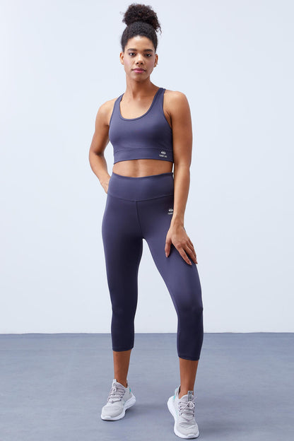 Anthracite High Waist Wrap-up Cross Back Detailed Slim Fit Women's Tights Set - 95283