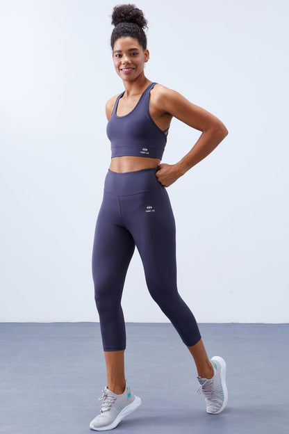 Anthracite High Waist Wrap-up Cross Back Detailed Slim Fit Women's Tights Set - 95283
