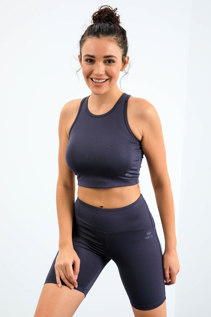 Anthracite High Waist Wrap-up Slim Fit Crop Biker Women's Tights Set - 95302
