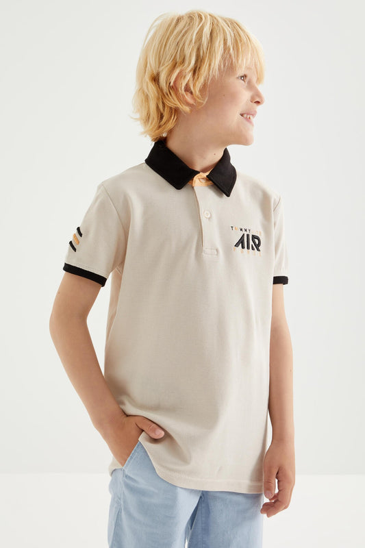 Beige Air Printed Standard Collar Polo T-Shirt for boys - 10894