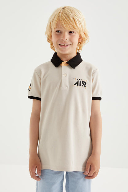 Beige Air Printed Standard Collar Polo T-Shirt for boys - 10894