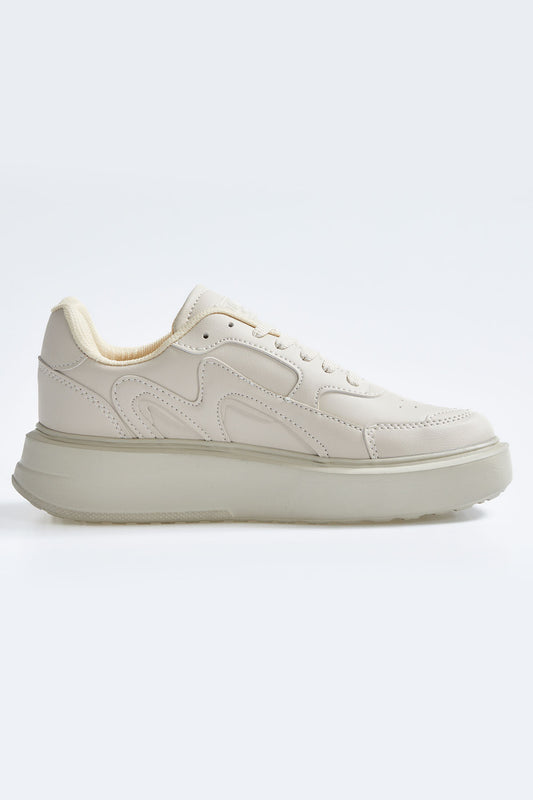 High Sole Bej Lace-Up PU Leather Women's Sports Shoes - 89200