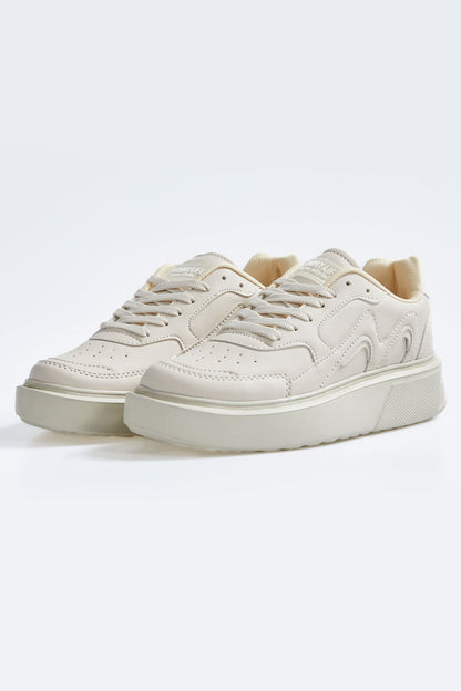 High Sole Bej Lace-Up PU Leather Women's Sports Shoes - 89200