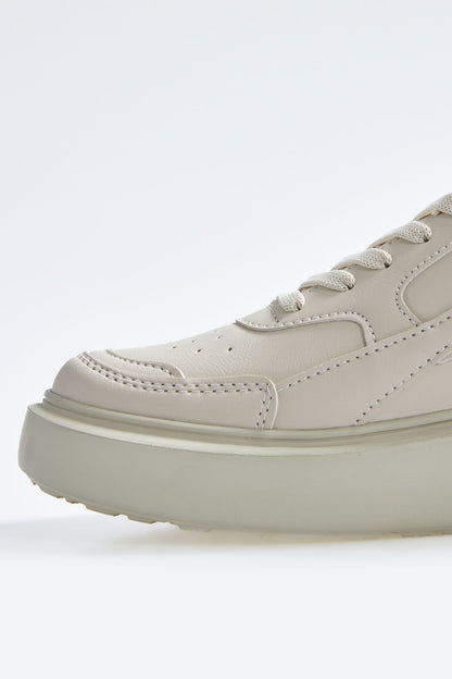 High Sole Bej Lace-Up PU Leather Women's Sports Shoes - 89200