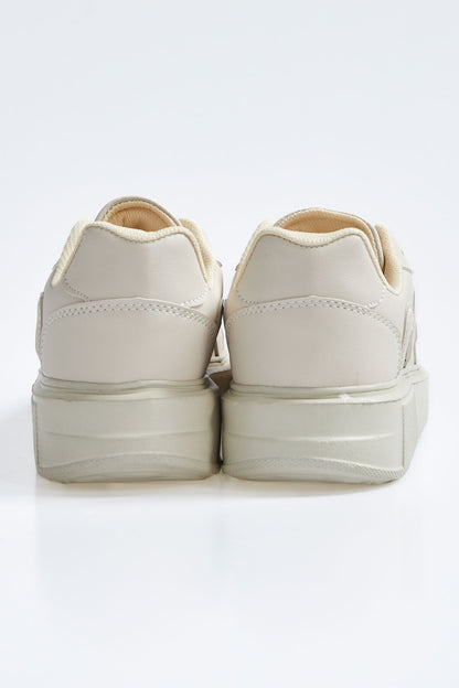 High Sole Bej Lace-Up PU Leather Women's Sports Shoes - 89200