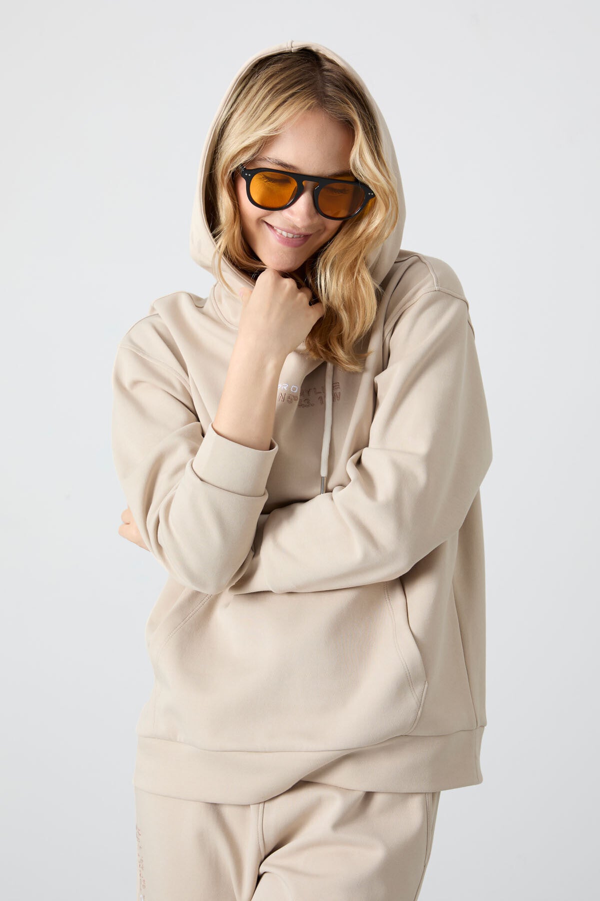 Oversize Hooded Kangaroo Pocket Elastic Cuff Women's Tracksuit Set - 95288
