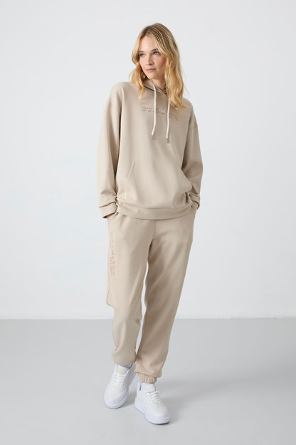Oversize Hooded Kangaroo Pocket Elastic Cuff Women's Tracksuit Set - 95288